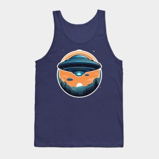 Blue flying saucer on sunset landscape with trees Tank Top